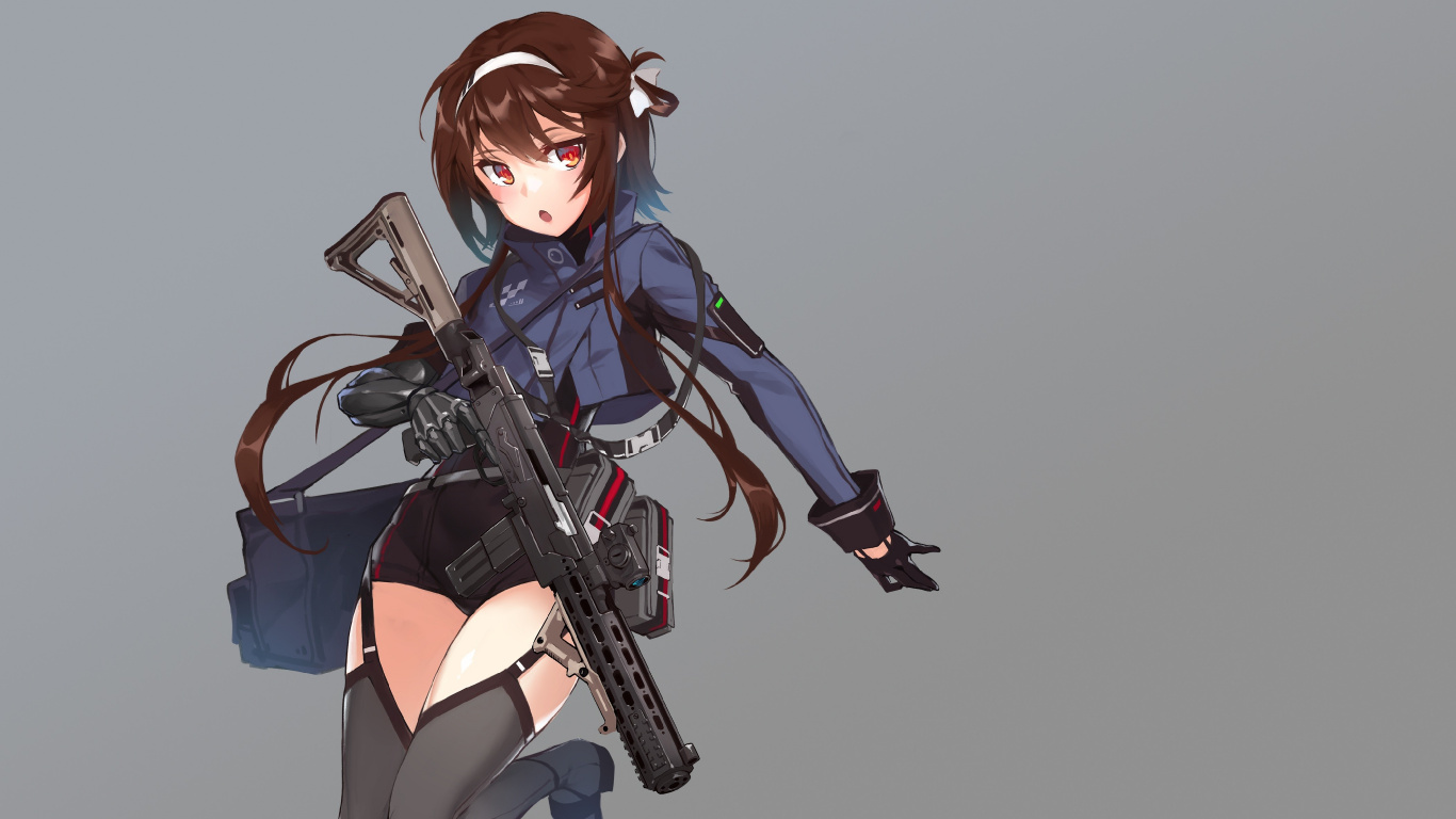Frau in Blauem Und Schwarzem Kleid Mit Gewehr-Anime-Charakter. Wallpaper in 1366x768 Resolution