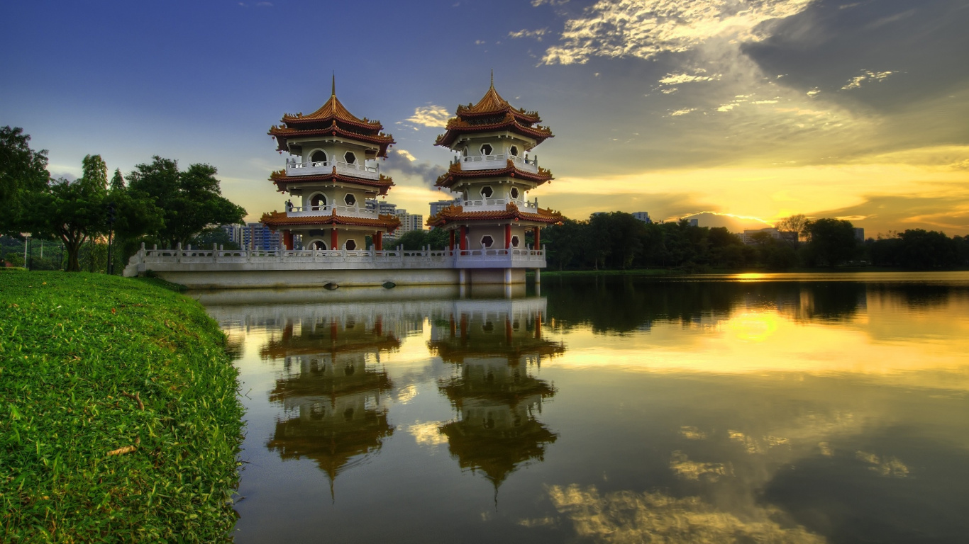 中国花园, 花园, 中国, 反射, 性质 壁纸 1366x768 允许