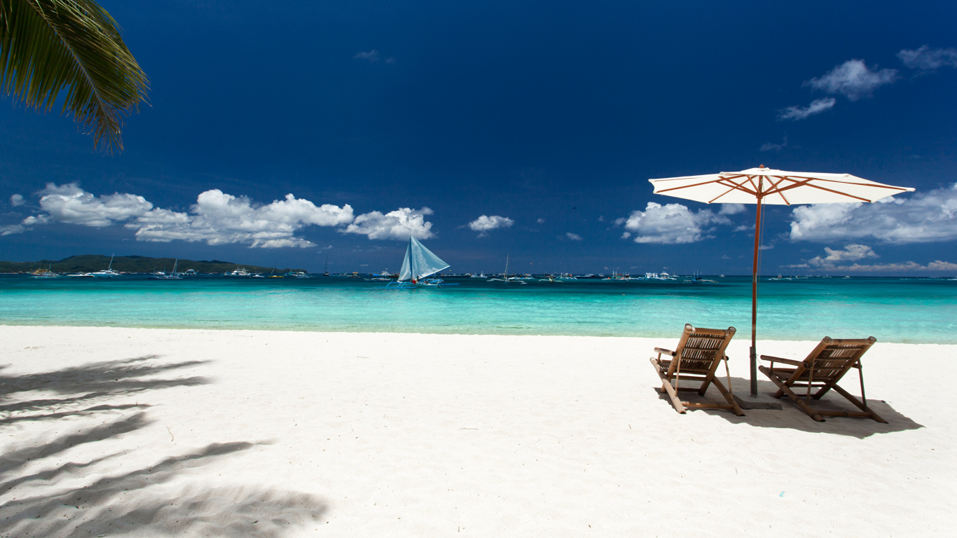 White and Brown Beach Umbrellas on White Sand Beach During Daytime. Wallpaper in 1366x768 Resolution