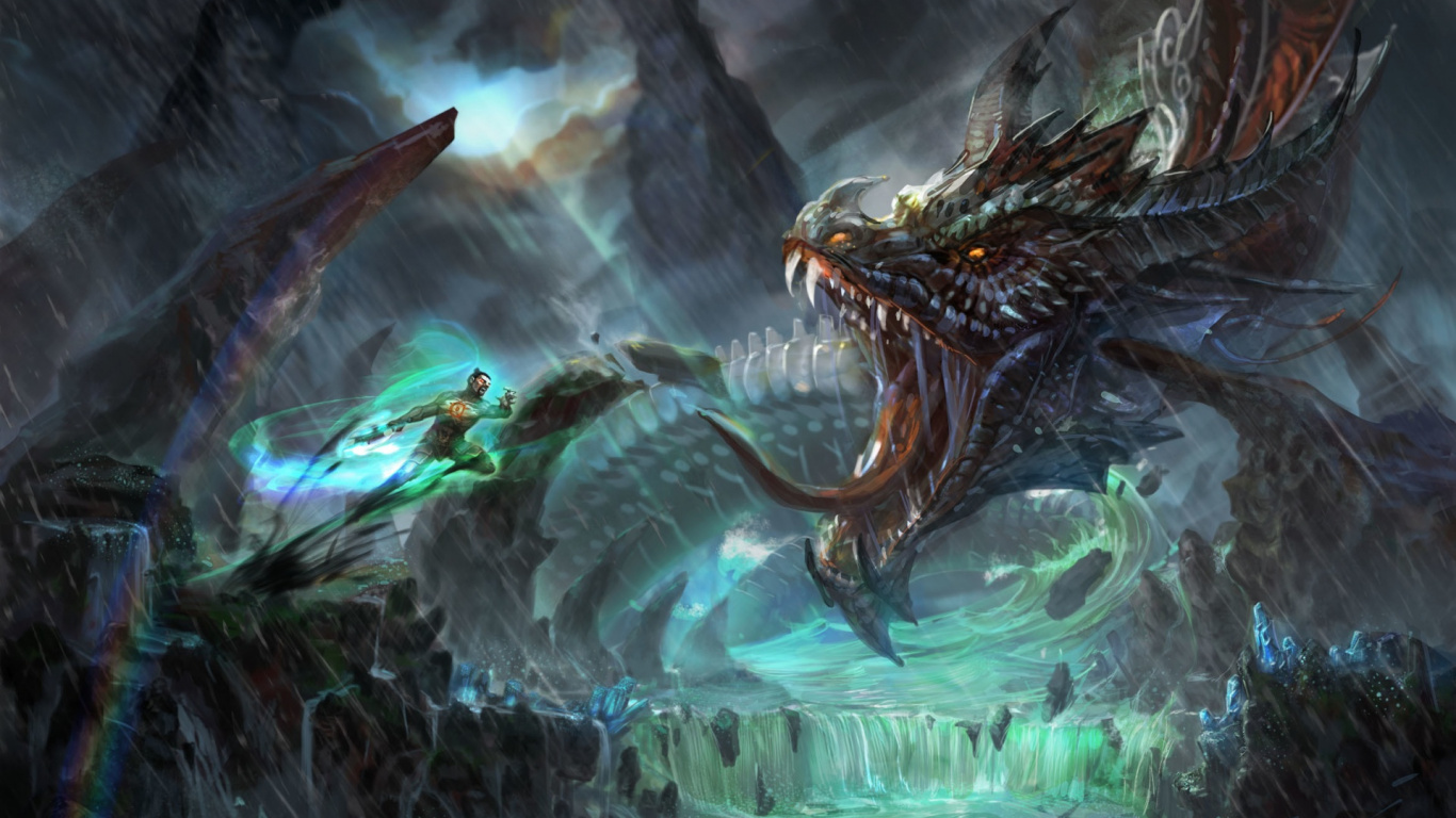 Brauner Und Schwarzer Drache im Wasser. Wallpaper in 1366x768 Resolution