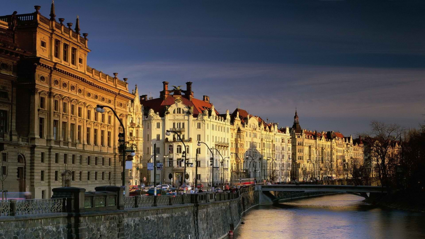 城市, 布拉格, 里程碑, 旅游景点, 晚上 壁纸 1366x768 允许