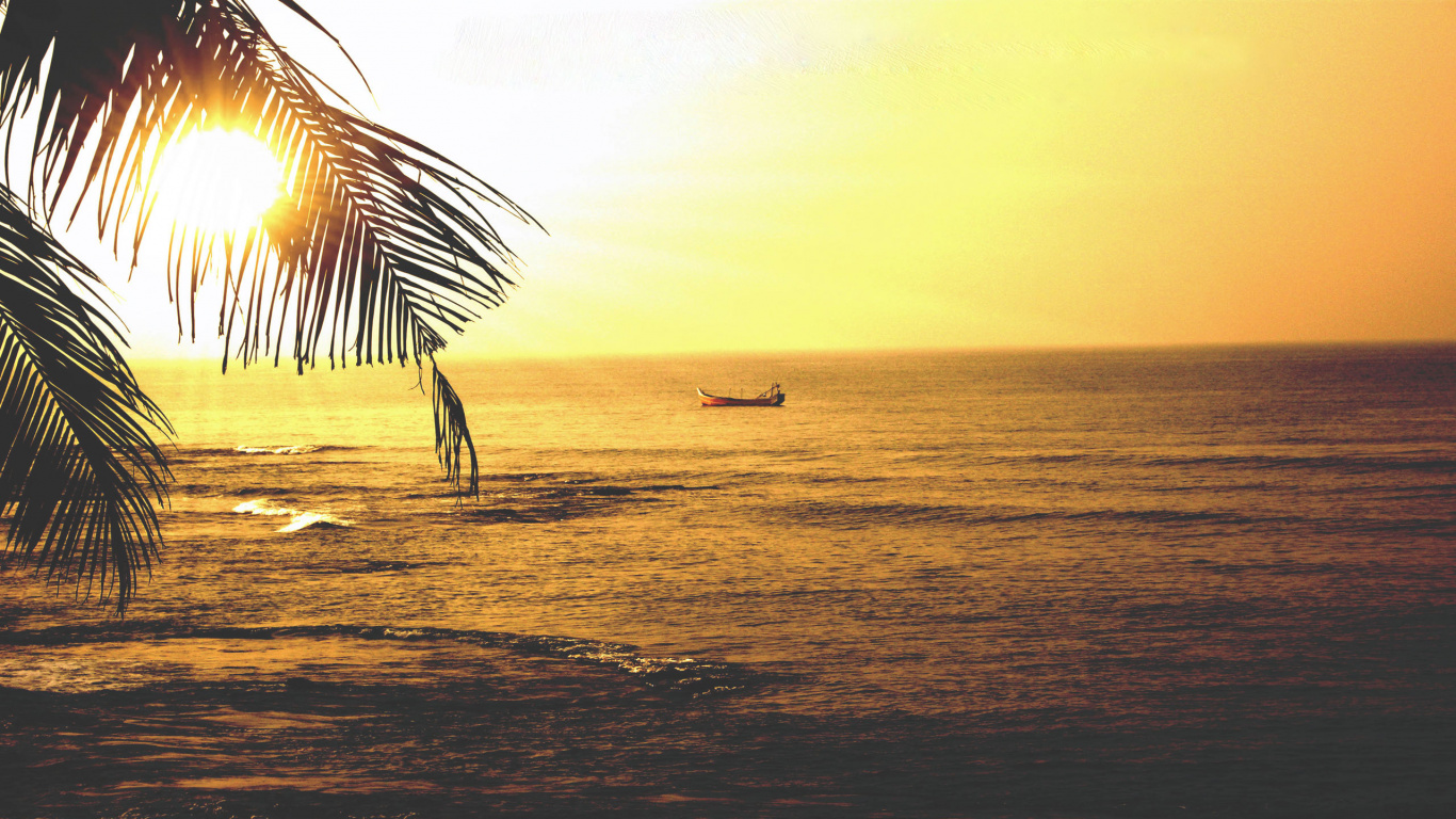 Sombrillas de Playa en la Orilla de la Playa Durante la Puesta de Sol. Wallpaper in 1366x768 Resolution