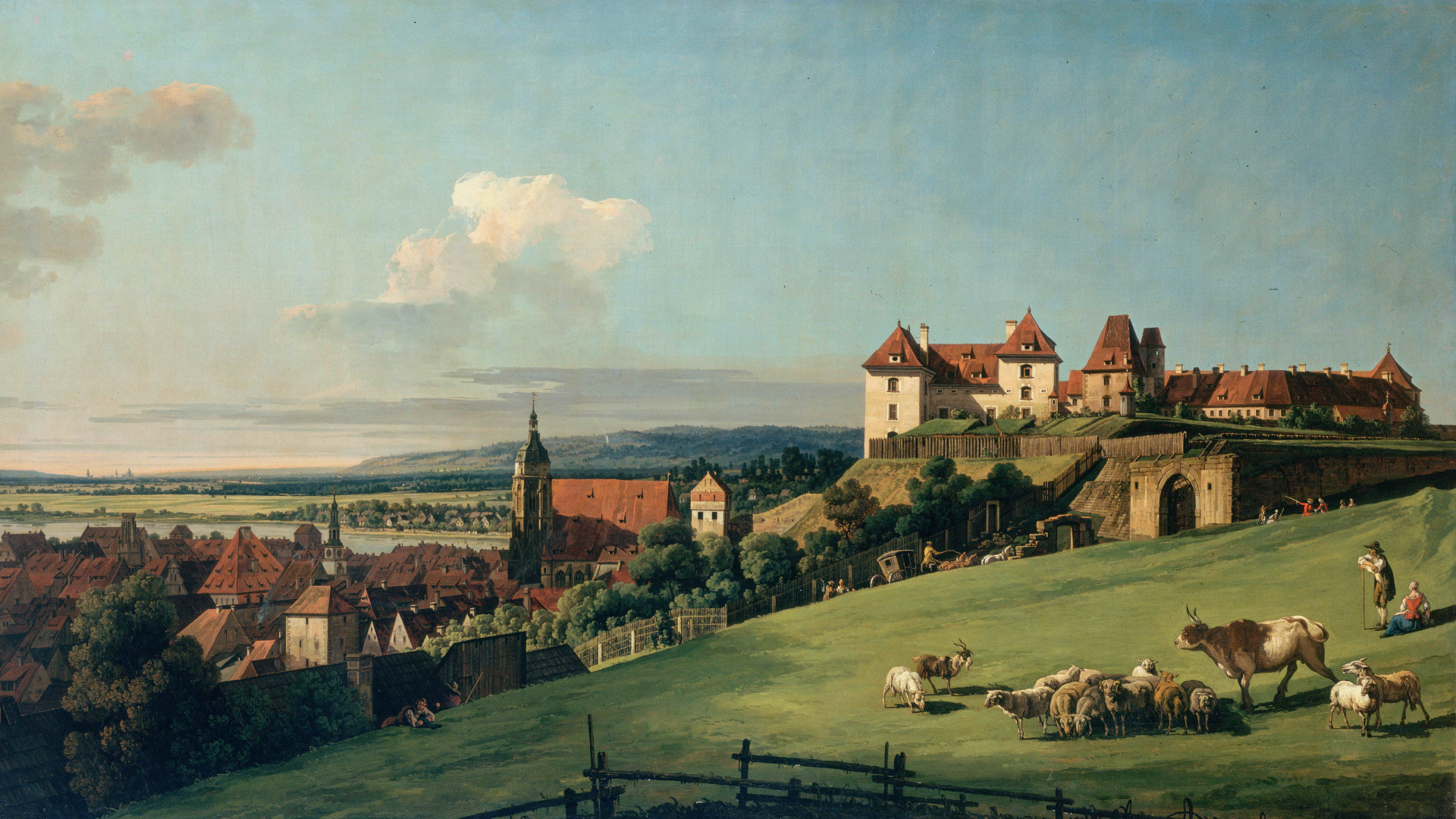 Vache Brune et Blanche Sur la Peinture de Champ D'herbe Verte. Wallpaper in 1920x1080 Resolution