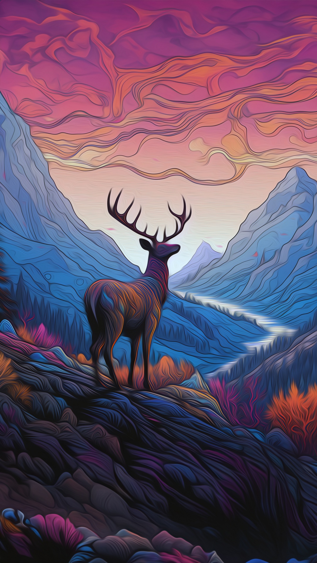 Elk, Deer, Moose, Reindeer, Painting. Wallpaper in 1080x1920 Resolution