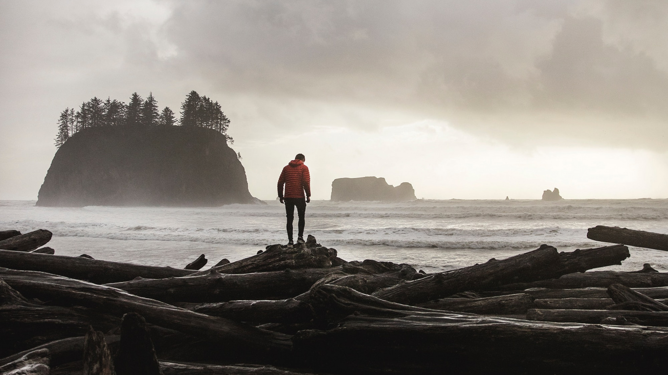 Man in Red Jacket Standing on Brown Rock Formation Near Body of Water During Daytime. Wallpaper in 1366x768 Resolution