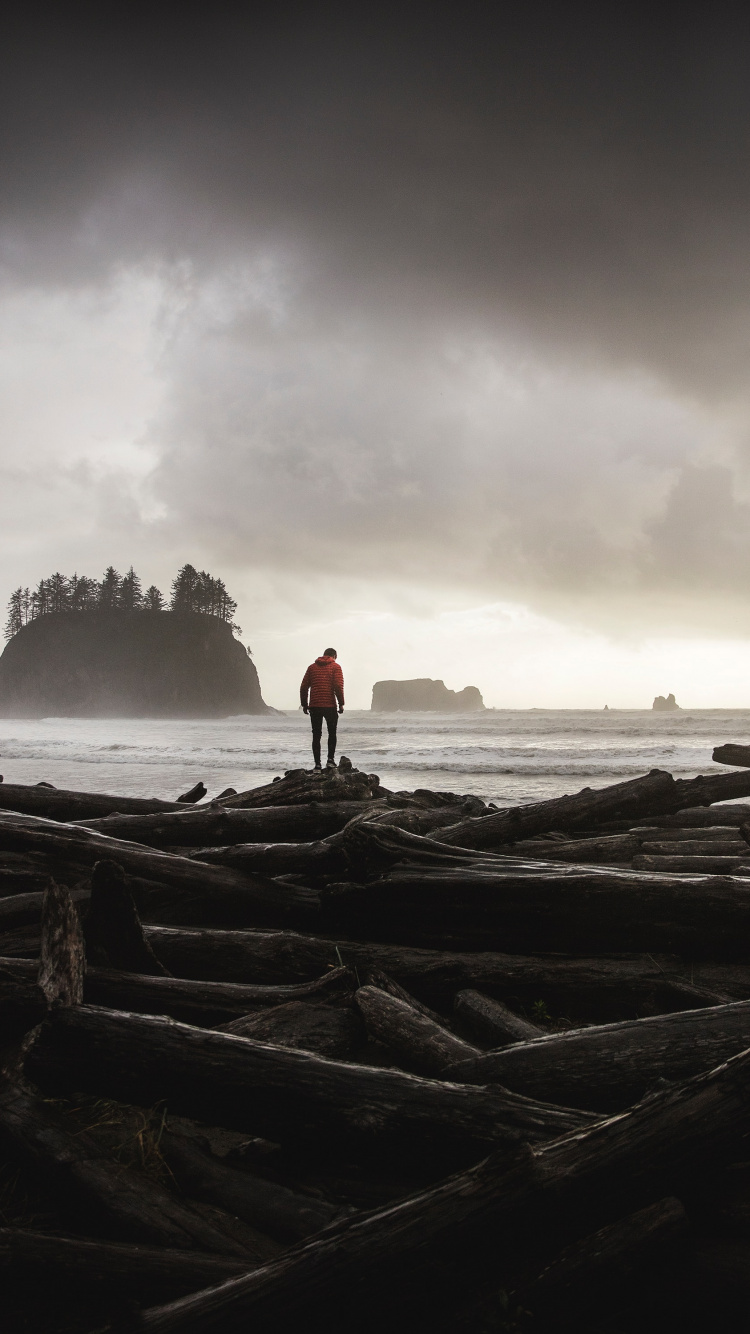 Man in Red Jacket Standing on Brown Rock Formation Near Body of Water During Daytime. Wallpaper in 750x1334 Resolution