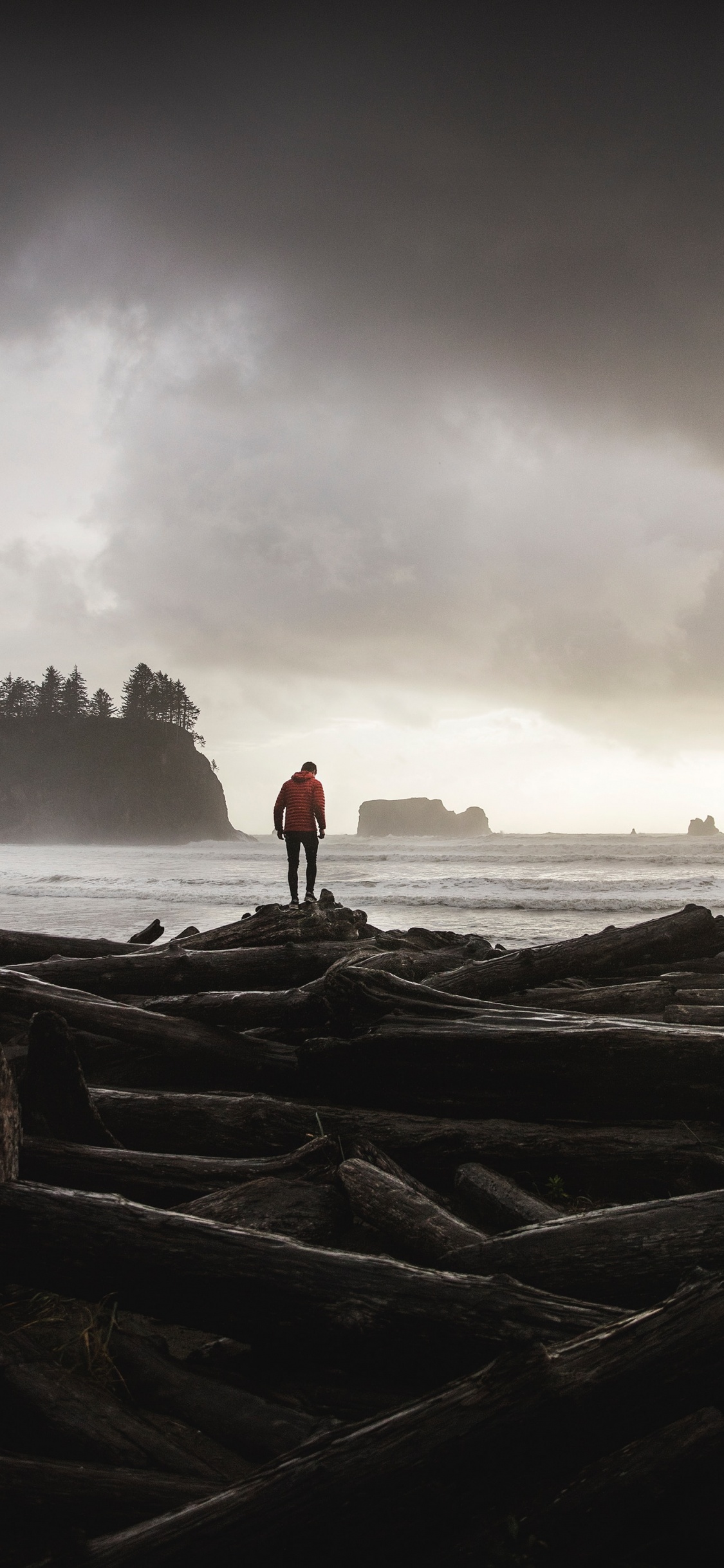 Homme en Veste Rouge Debout Sur Une Formation Rocheuse Brune Près D'un Plan D'eau Pendant la Journée. Wallpaper in 1125x2436 Resolution
