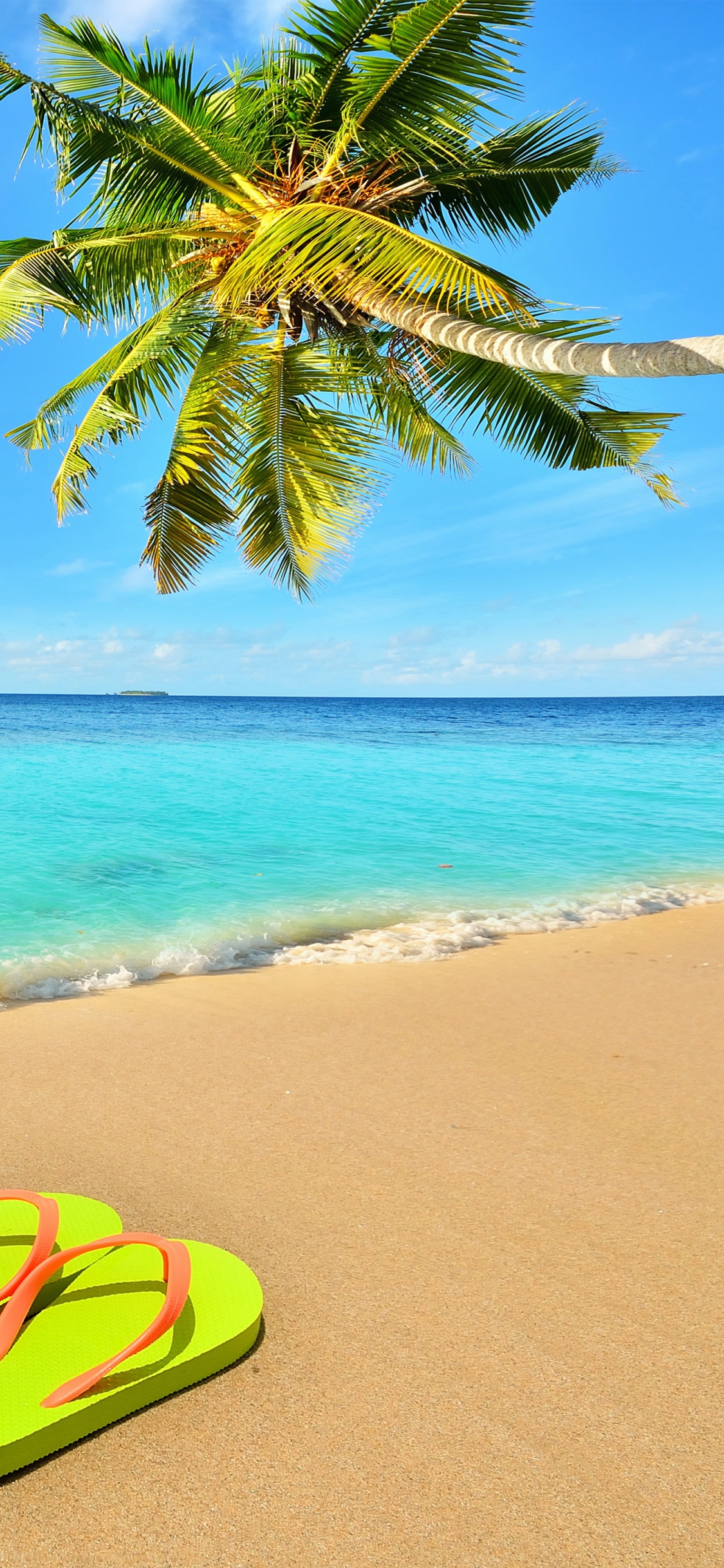 Tagsüber Grüne Und Gelbe Flip-Flops am Strand?. Wallpaper in 1125x2436 Resolution