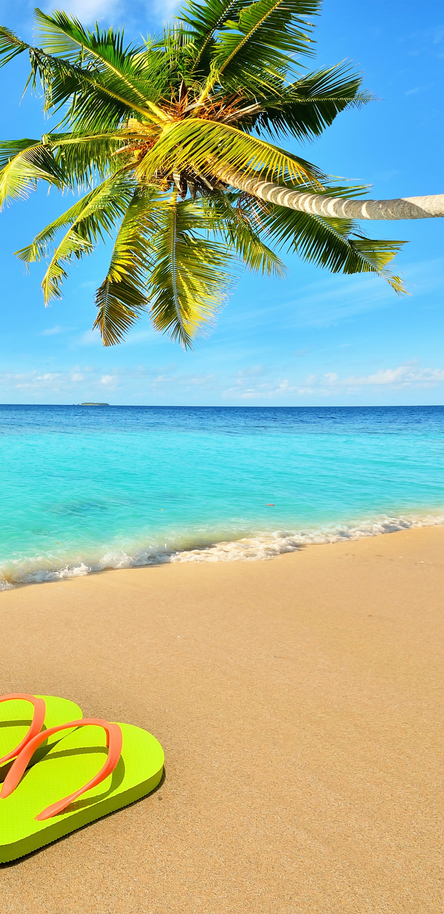 Tagsüber Grüne Und Gelbe Flip-Flops am Strand?. Wallpaper in 1440x2960 Resolution