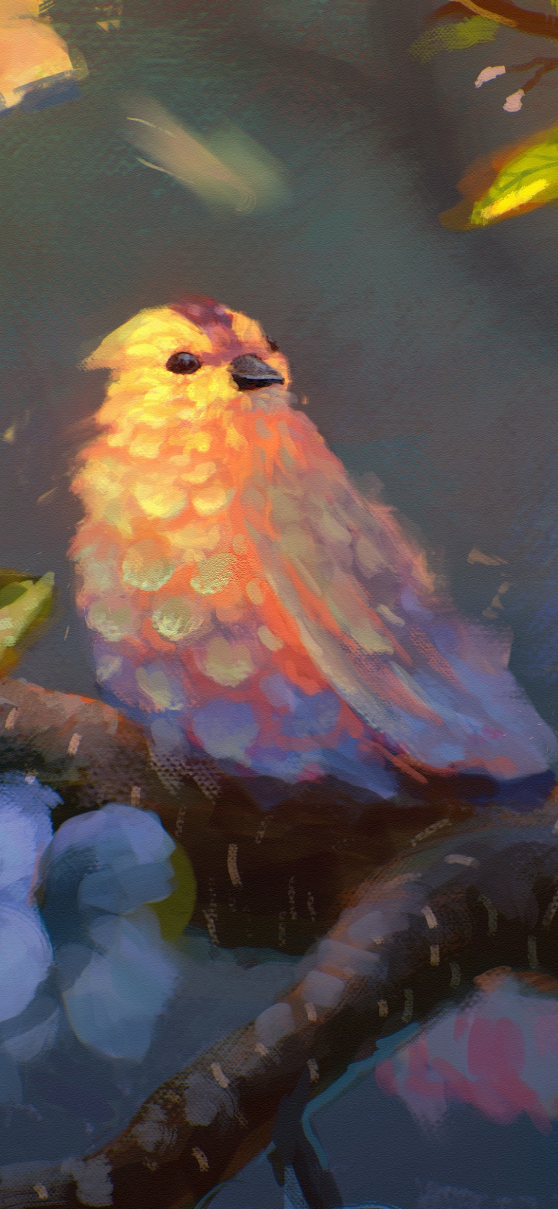 Oiseau Bleu et Jaune Sur la Peinture de Branche D'arbre. Wallpaper in 1125x2436 Resolution