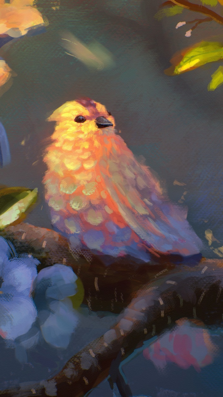 Oiseau Bleu et Jaune Sur la Peinture de Branche D'arbre. Wallpaper in 720x1280 Resolution