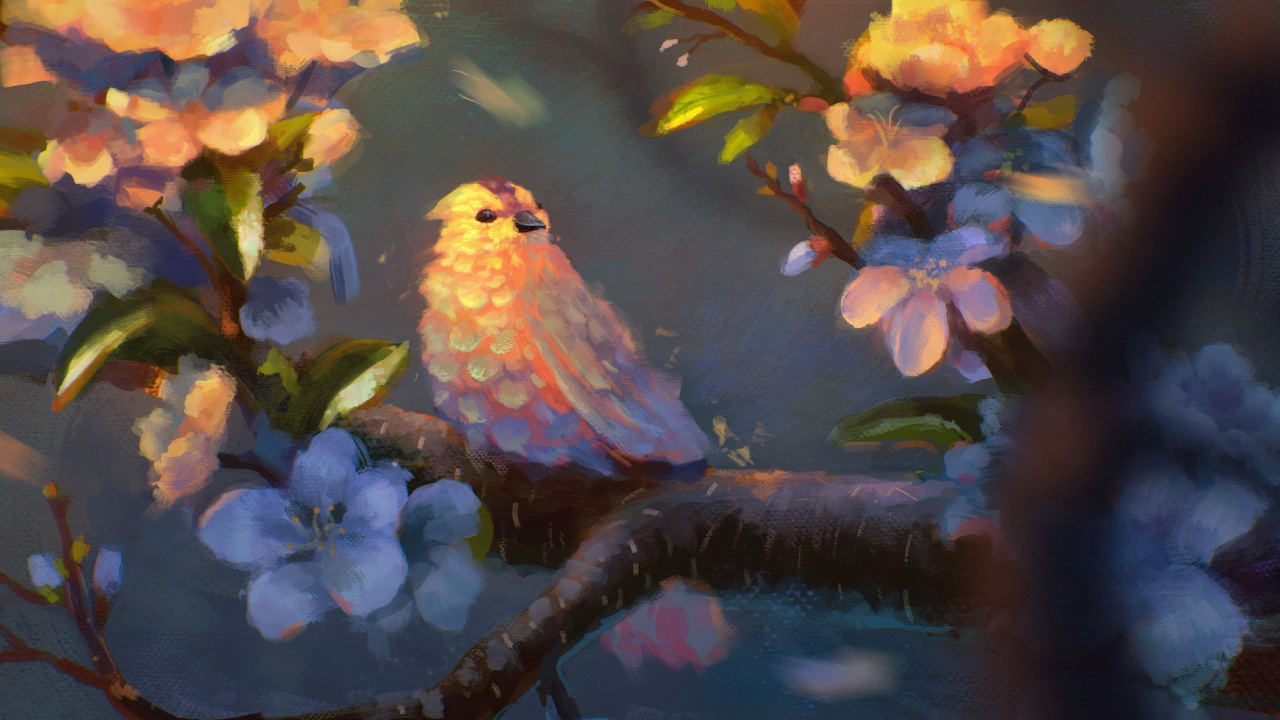 Blue and Yellow Bird on Tree Branch Painting. Wallpaper in 1280x720 Resolution