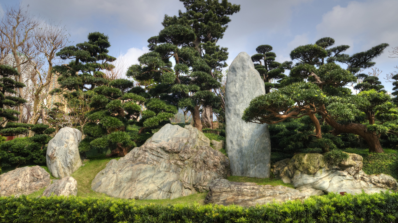 Green Trees and Gray Rocks. Wallpaper in 1366x768 Resolution