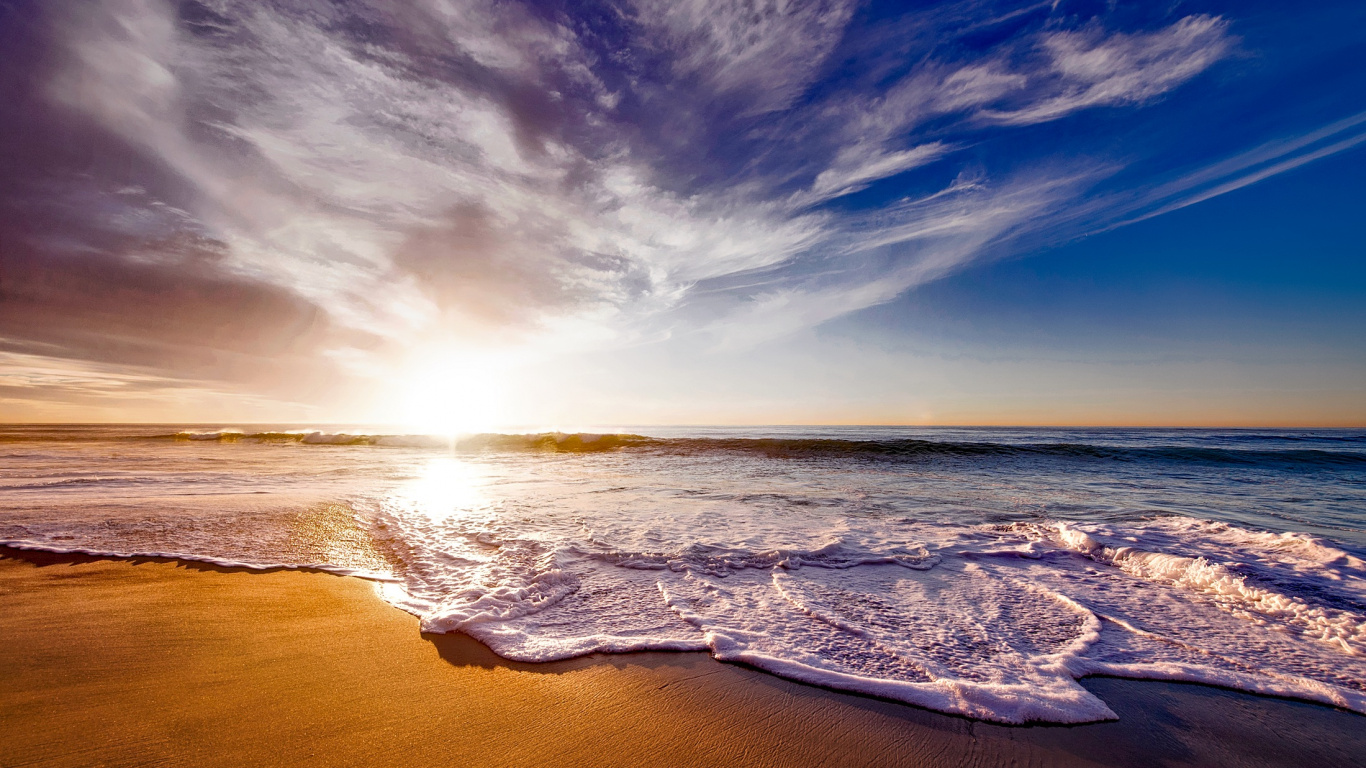 Oceano, Mar, Playa, Puesta, Cuerpo de Agua. Wallpaper in 1366x768 Resolution