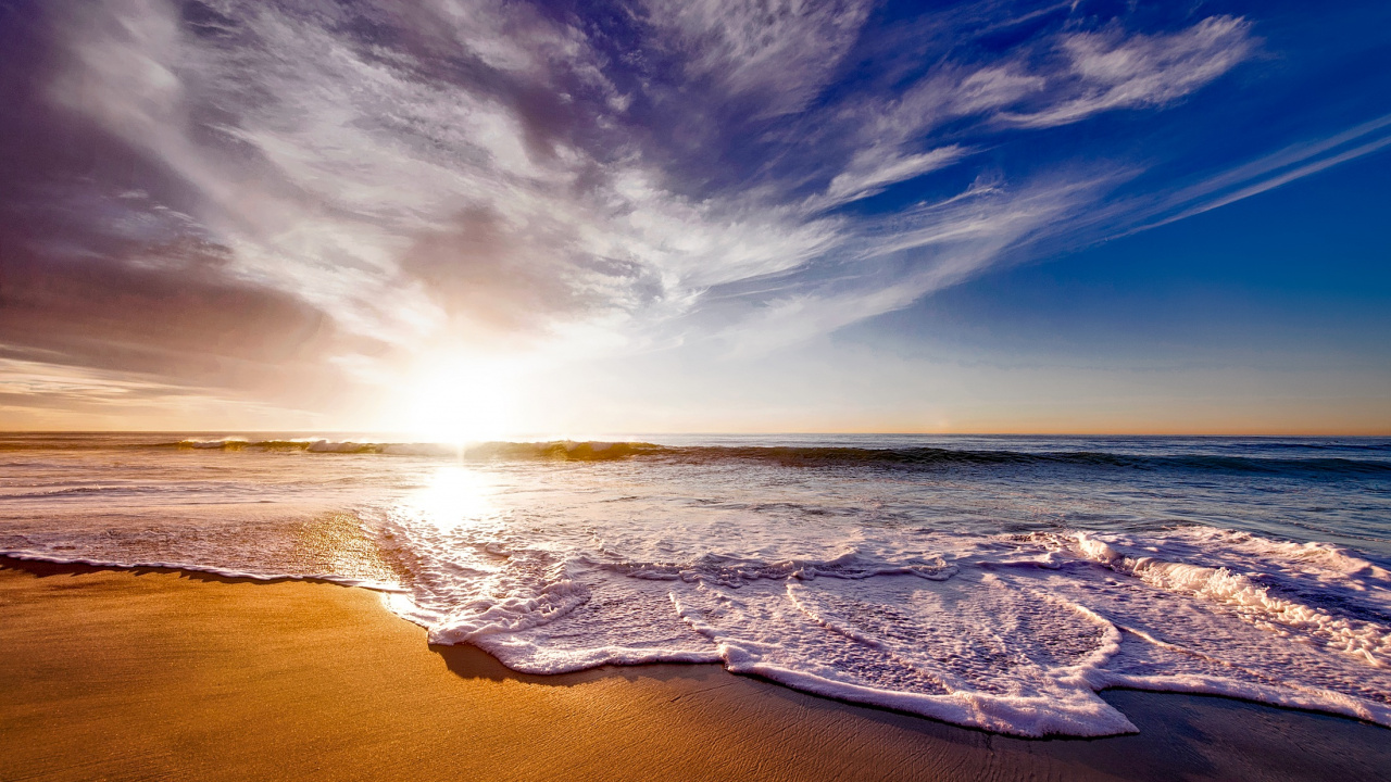 Ocean, Sea, Beach, Sunset, Body of Water. Wallpaper in 1280x720 Resolution
