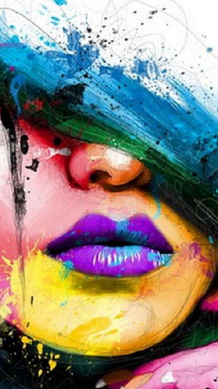 Femme Avec de la Peinture Pour le Visage Bleu Vert et Rose. Wallpaper in 750x1334 Resolution