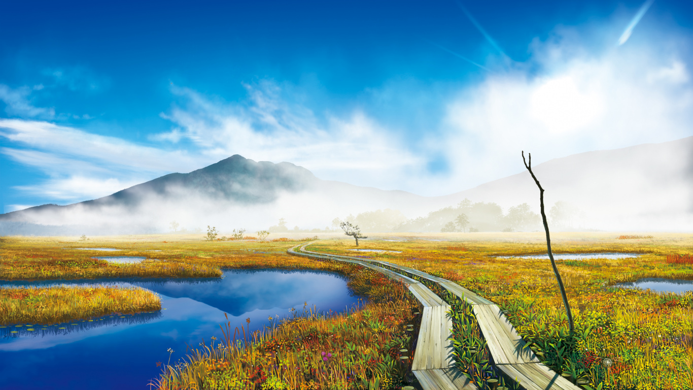 Green Grass Field Near Lake Under Blue Sky During Daytime. Wallpaper in 1366x768 Resolution