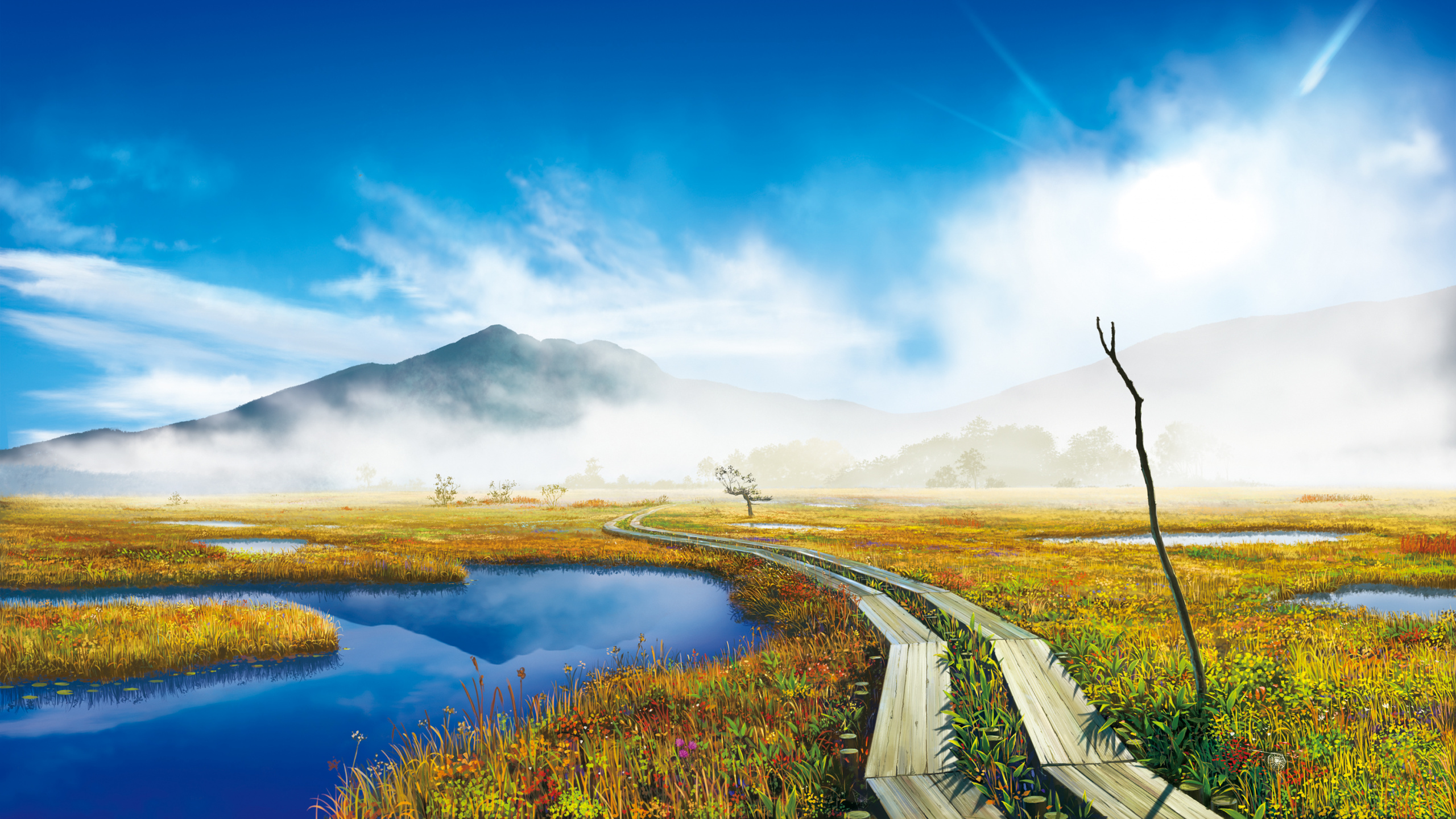 Green Grass Field Near Lake Under Blue Sky During Daytime. Wallpaper in 2560x1440 Resolution