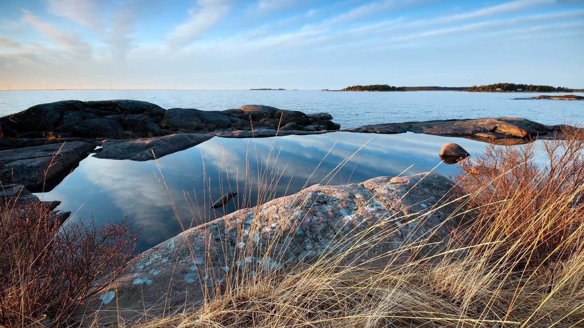 反射, 岸边, 海岸, 天空, 早上 壁纸 1920x1080 允许