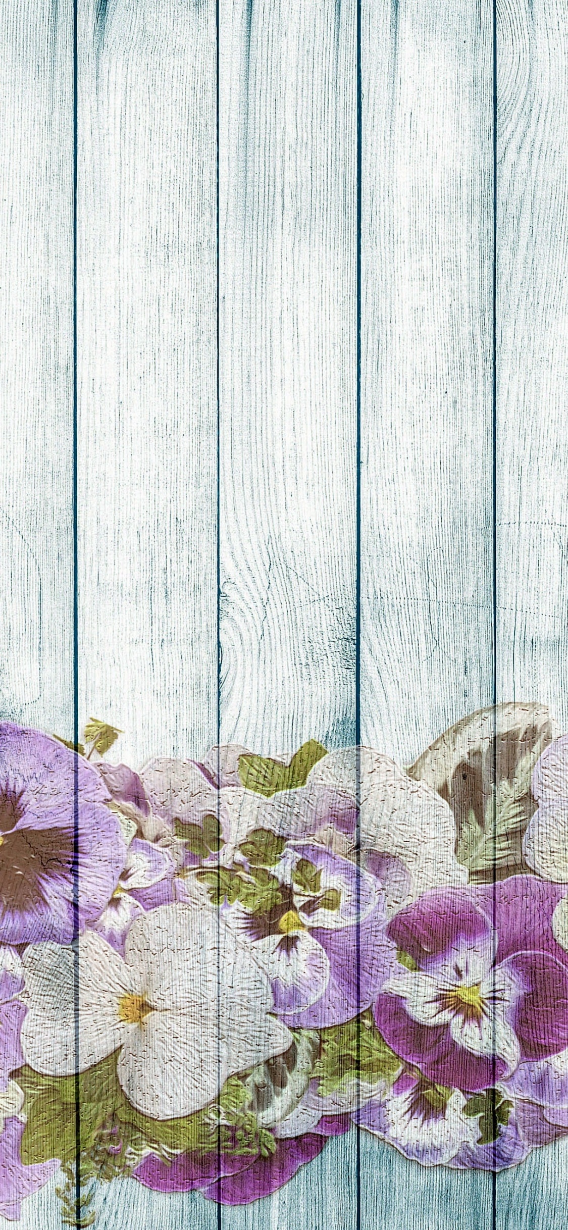 Lila Und Weiße Blüten Auf Grauer Holzoberfläche. Wallpaper in 1125x2436 Resolution