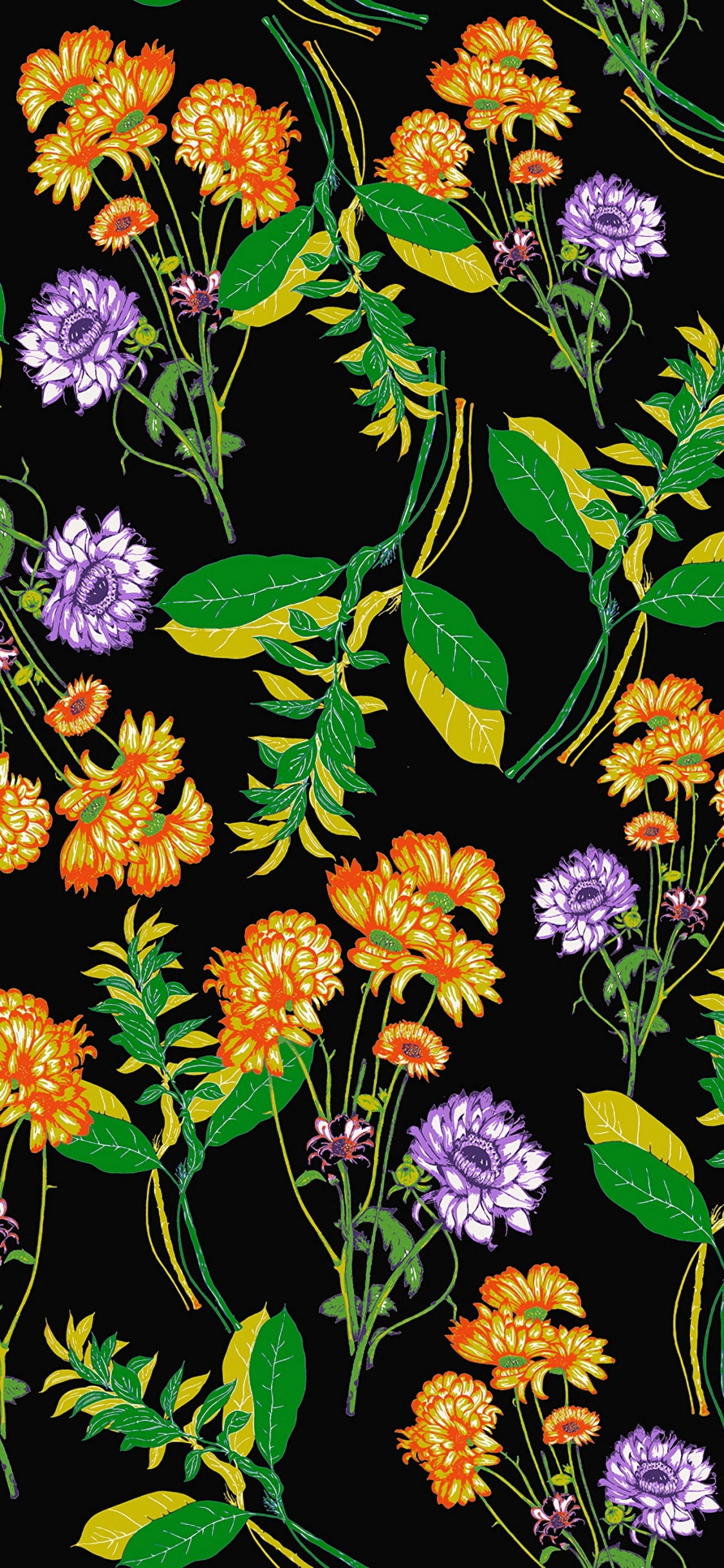 Yellow and Purple Flowers in Bloom. Wallpaper in 1125x2436 Resolution