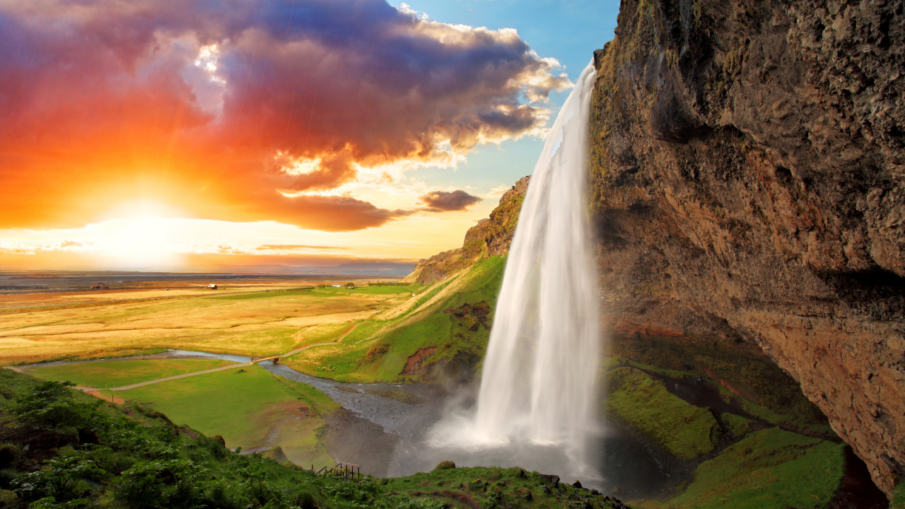 Seljalandsfoss Island, Seljalandsfoss, Skgafoss, Wasserfall, Thrsmrk. Wallpaper in 1280x720 Resolution