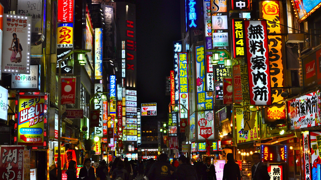 People Walking on Street During Nighttime. Wallpaper in 1366x768 Resolution