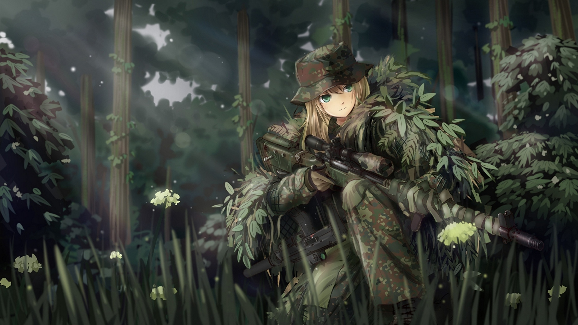 Homme en Uniforme de Camouflage Vert et Marron Tenant un Fusil. Wallpaper in 1920x1080 Resolution