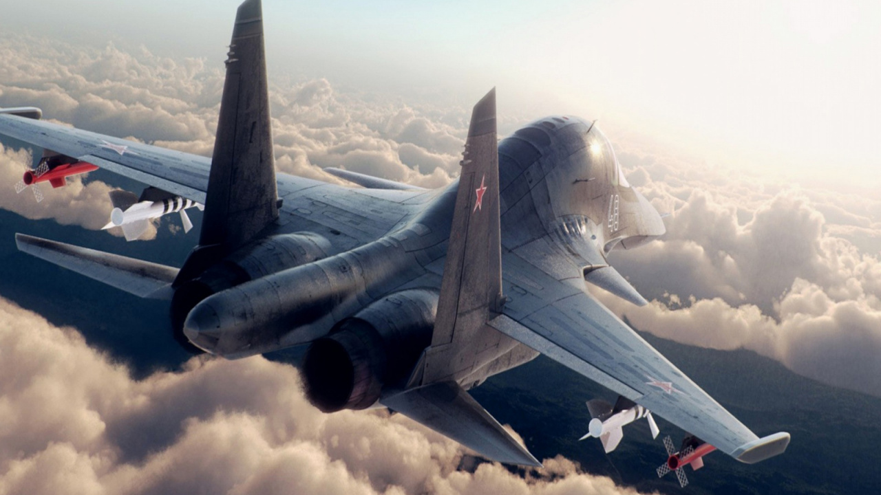 Grauer Kampfjet, Der Tagsüber Über Weiße Wolken Fliegt. Wallpaper in 1280x720 Resolution