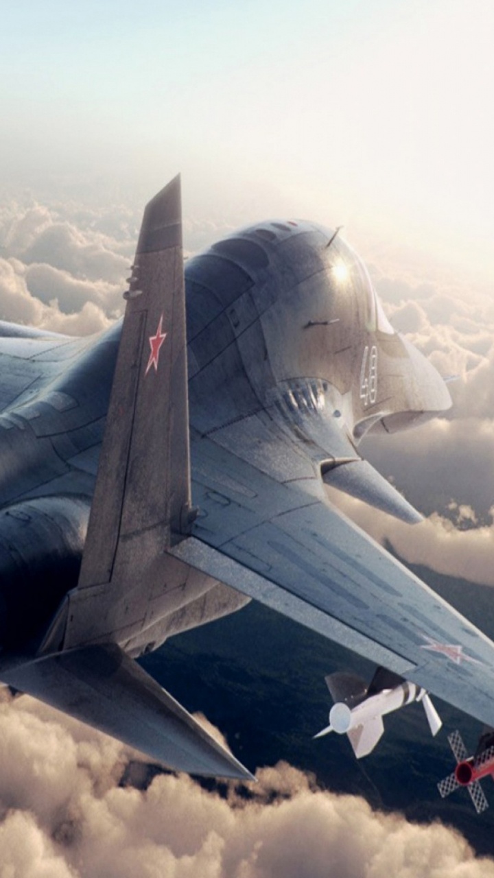 Grauer Kampfjet, Der Tagsüber Über Weiße Wolken Fliegt. Wallpaper in 720x1280 Resolution