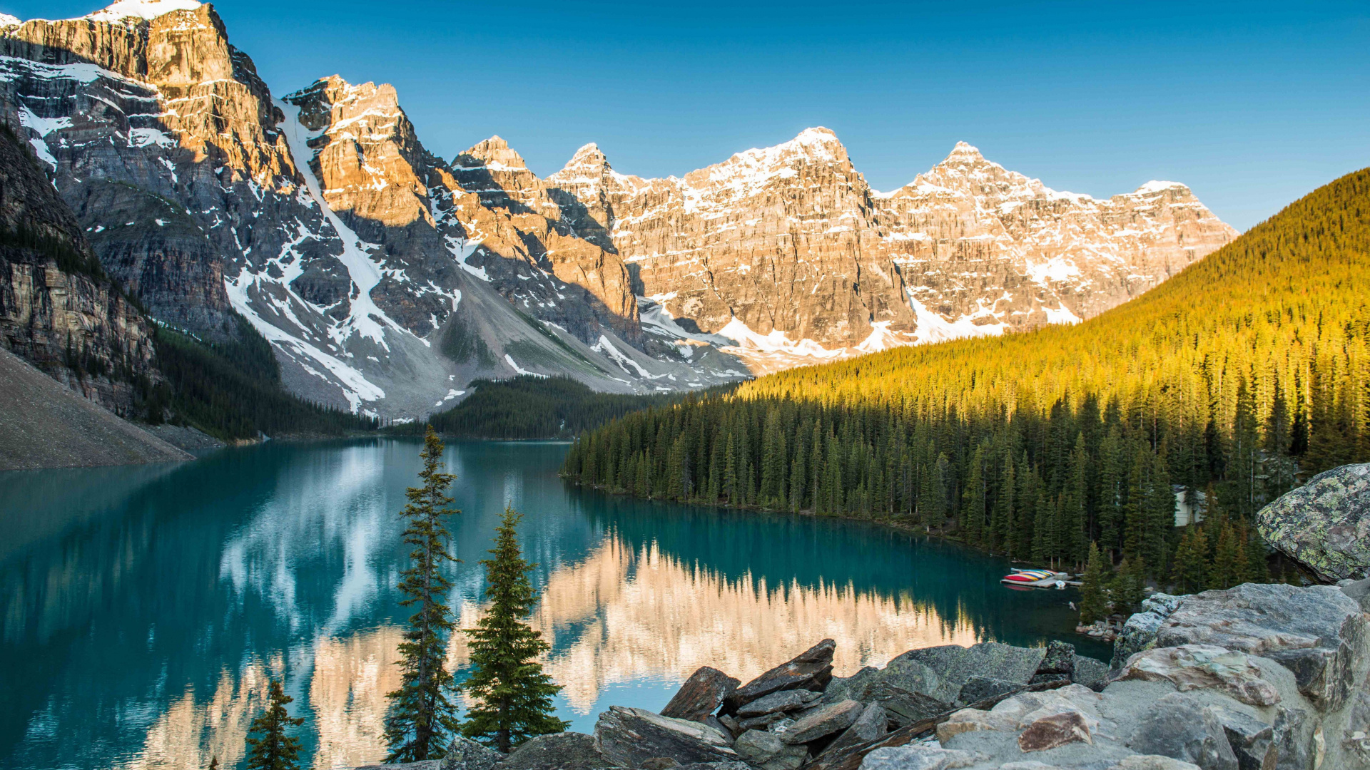 Green Trees Near Lake and Snow Covered Mountain During Daytime. Wallpaper in 1920x1080 Resolution