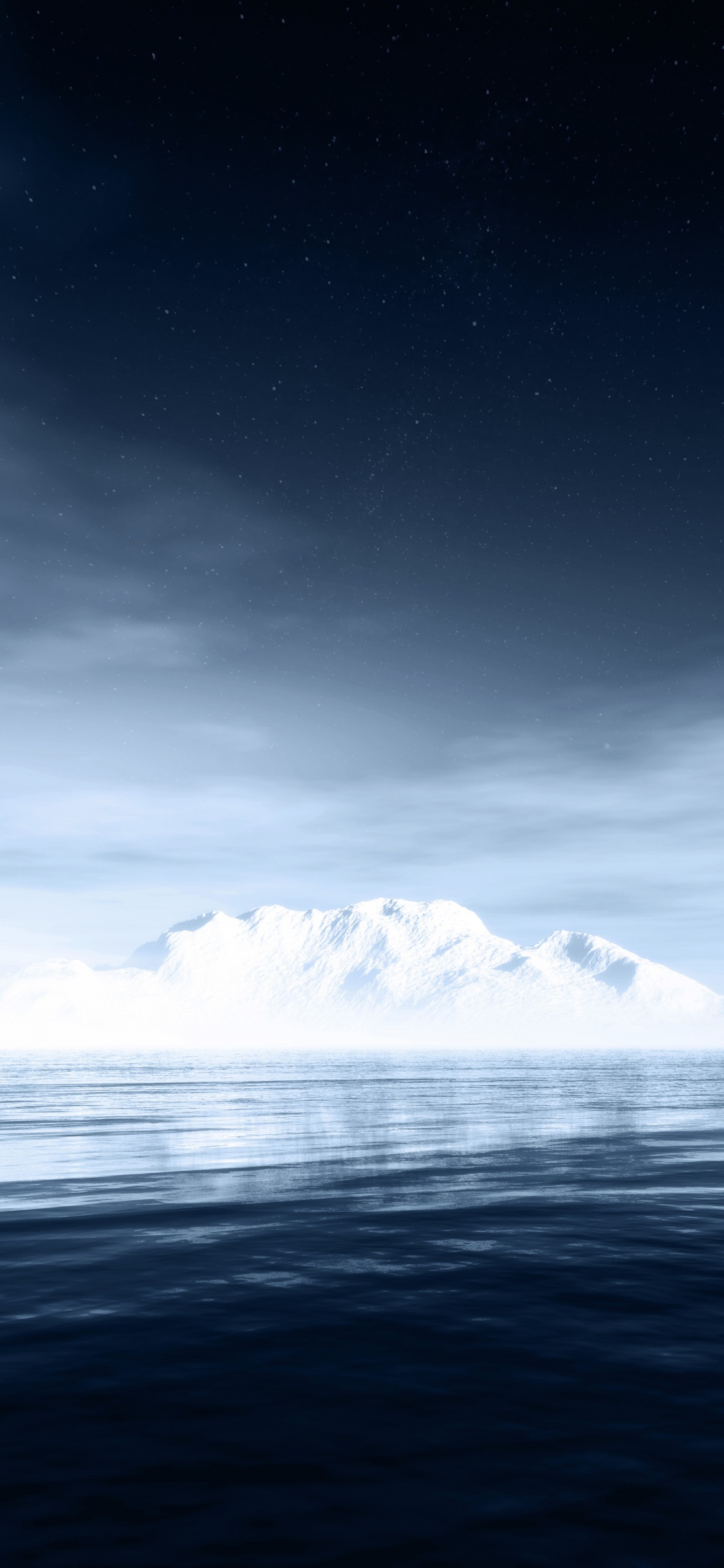 Montaña Cubierta de Nieve Cerca Del Cuerpo de Agua Durante la Noche. Wallpaper in 1125x2436 Resolution