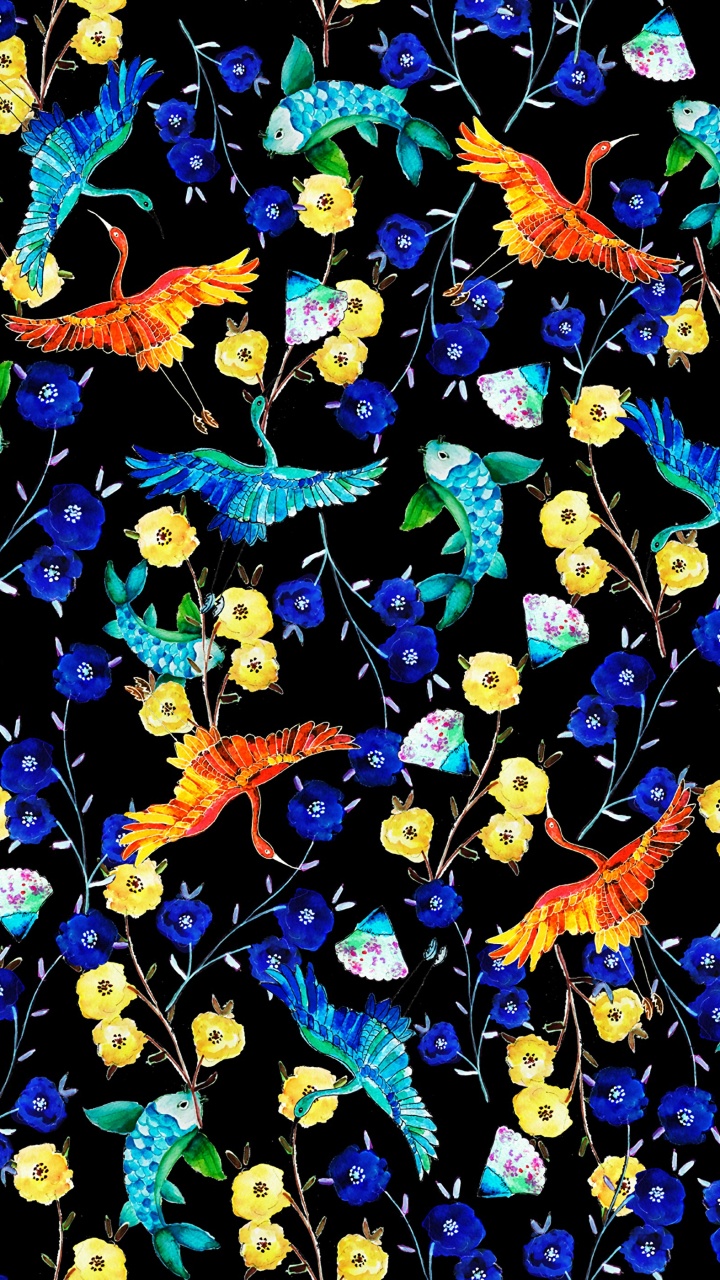 钴蓝色的, 花卉设计, 绘画, 帝王蝶 壁纸 720x1280 允许