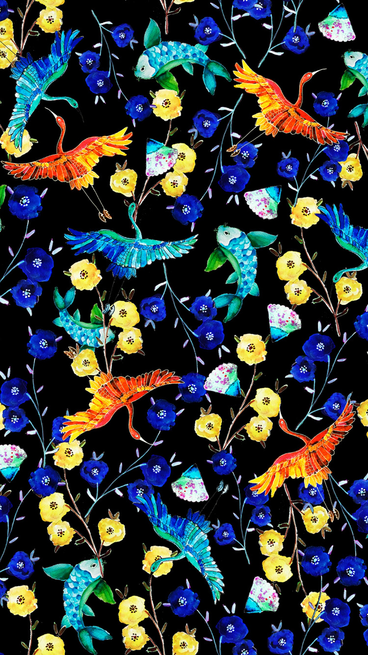 钴蓝色的, 花卉设计, 绘画, 帝王蝶 壁纸 750x1334 允许