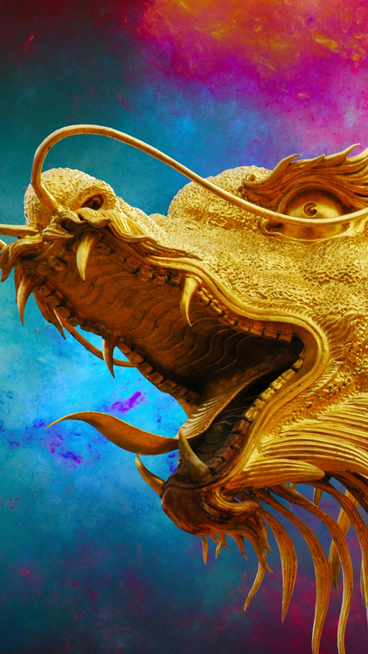 Dragon D'or Avec Fond Rose et Bleu. Wallpaper in 720x1280 Resolution