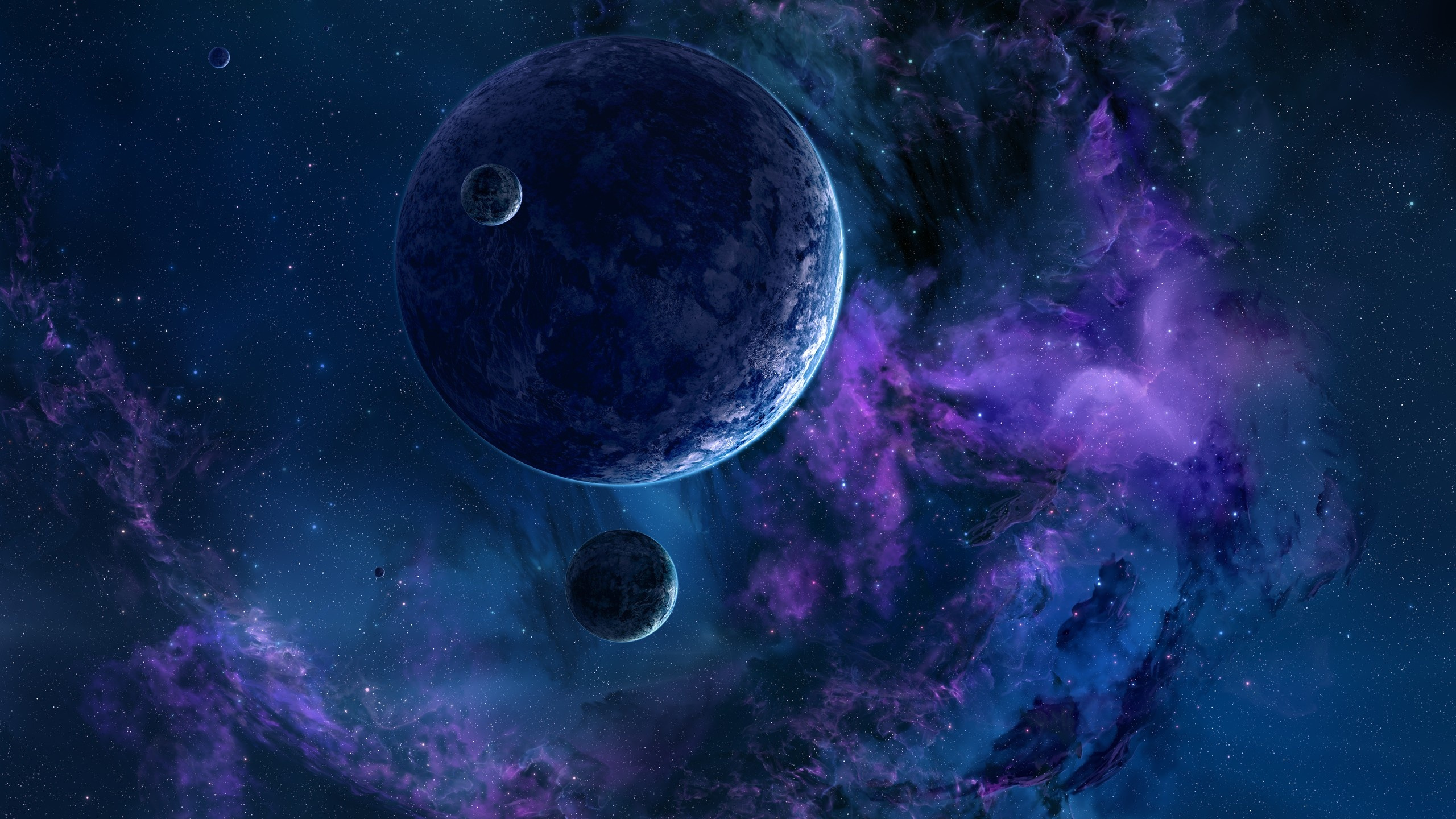 Purple and Blue Planet With Moon. Wallpaper in 2560x1440 Resolution