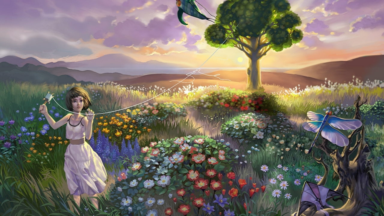 Mujer en Vestido Blanco de Pie en el Campo de Flores Durante la Puesta de Sol. Wallpaper in 1280x720 Resolution