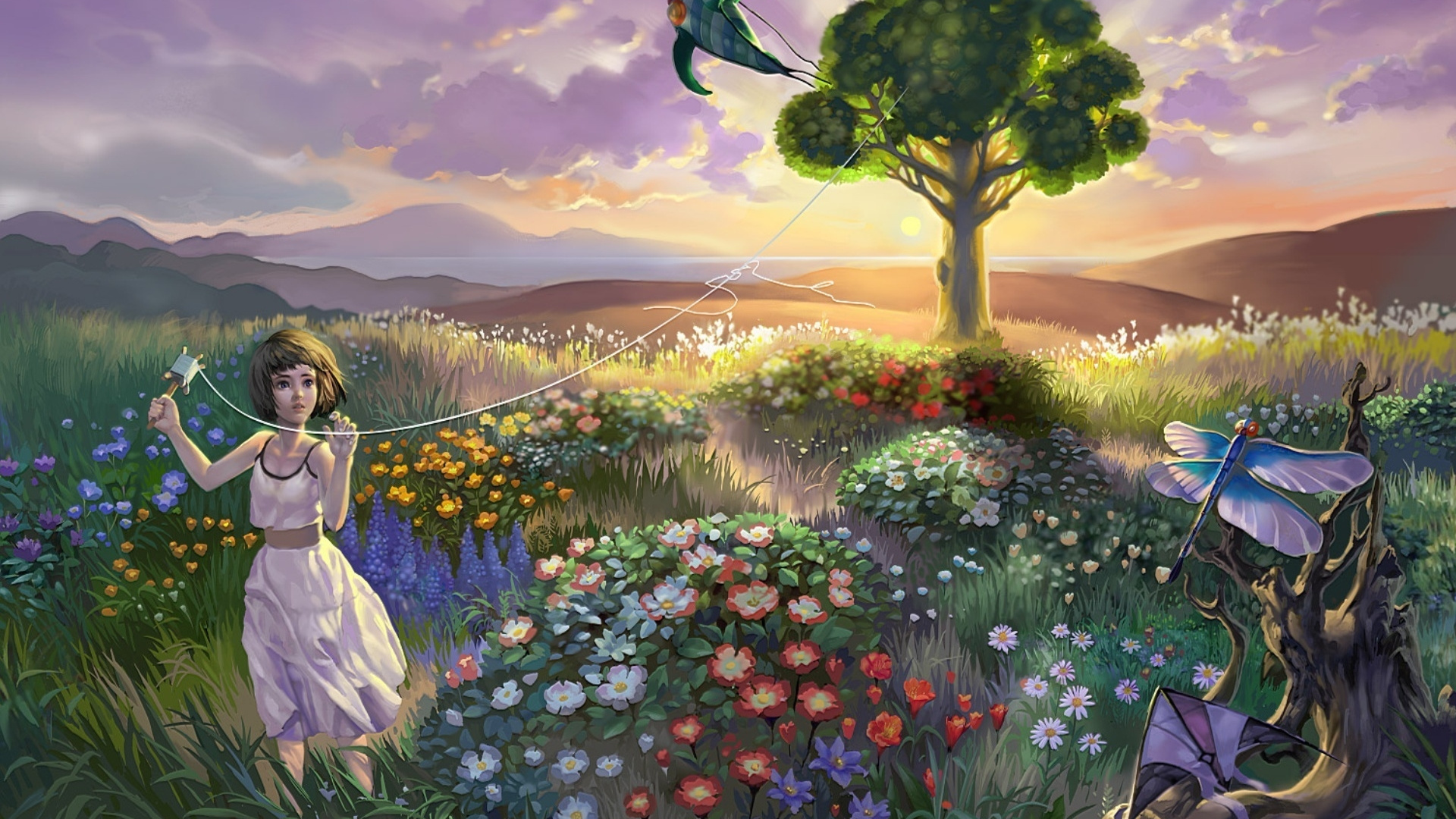 Mujer en Vestido Blanco de Pie en el Campo de Flores Durante la Puesta de Sol. Wallpaper in 1920x1080 Resolution