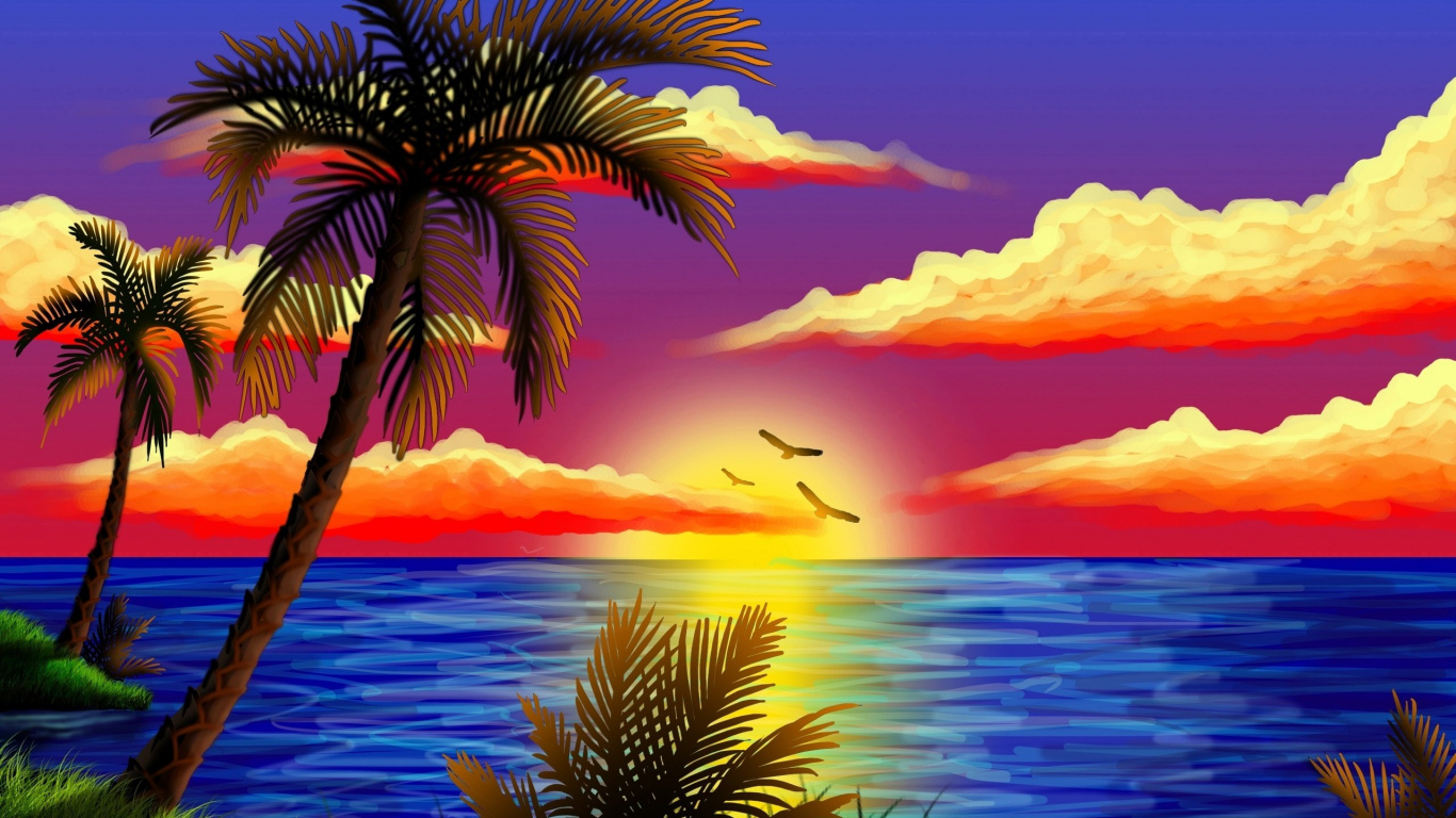Palm Tree Near Body of Water During Sunset. Wallpaper in 1366x768 Resolution