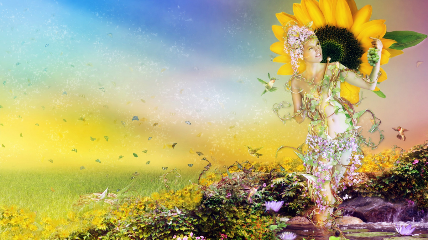 Gelbe Und Violette Blumen Unter Blauem Himmel. Wallpaper in 1366x768 Resolution