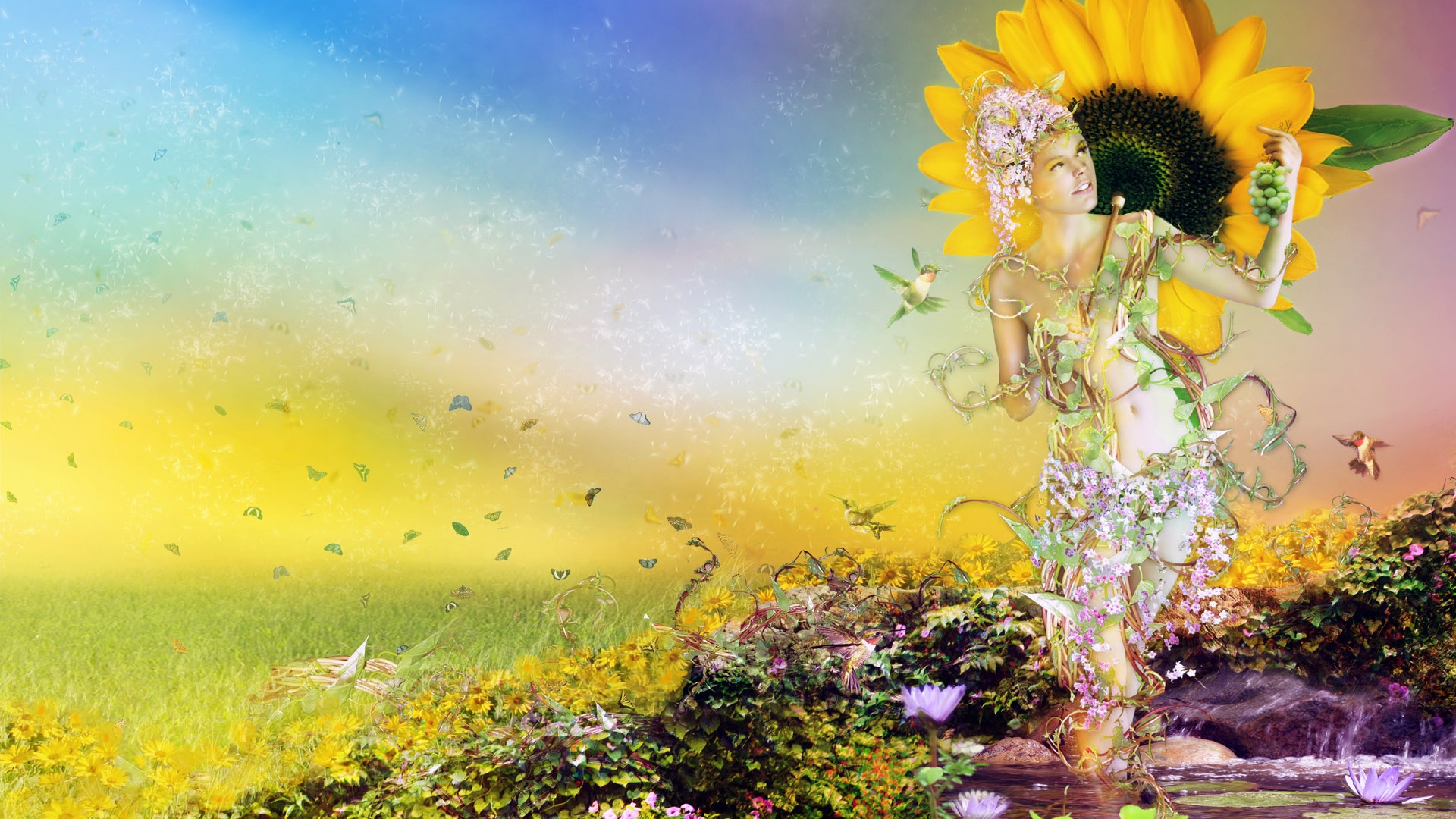 Yellow and Purple Flowers Under Blue Sky. Wallpaper in 1920x1080 Resolution