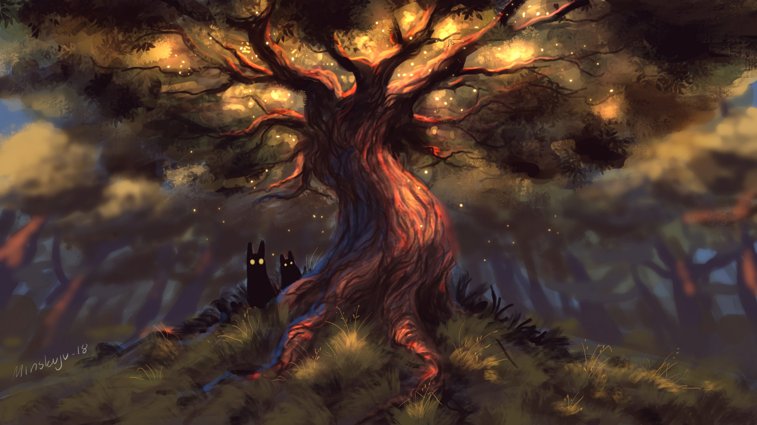 Brauner Und Schwarzer Baum Mit Lichtern. Wallpaper in 2560x1440 Resolution