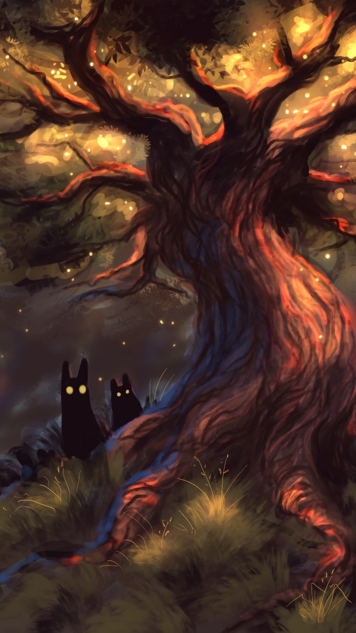 Brauner Und Schwarzer Baum Mit Lichtern. Wallpaper in 720x1280 Resolution