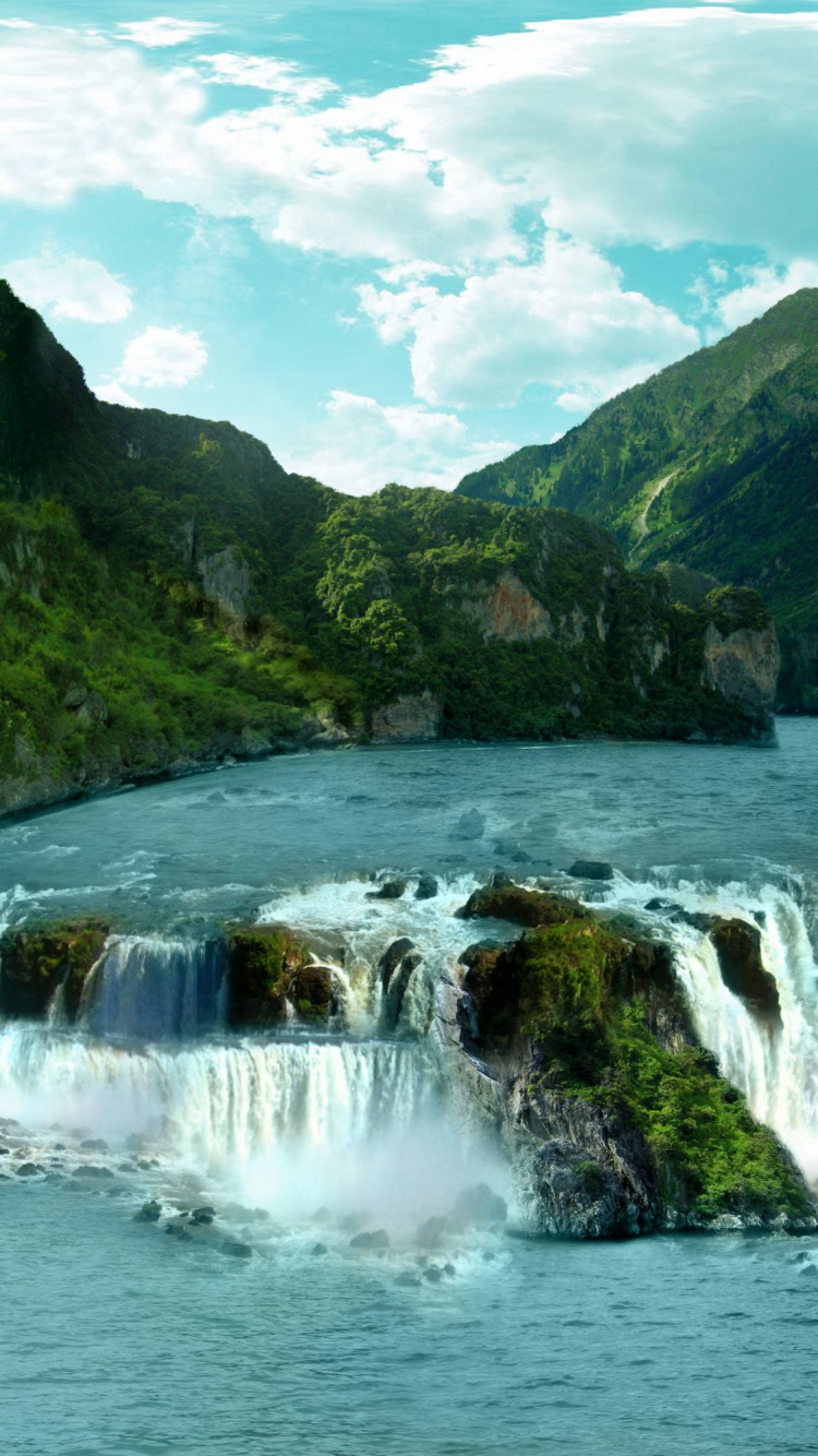 L'eau Tombe Sur la Montagne Verte Sous le Ciel Bleu Pendant la Journée. Wallpaper in 750x1334 Resolution