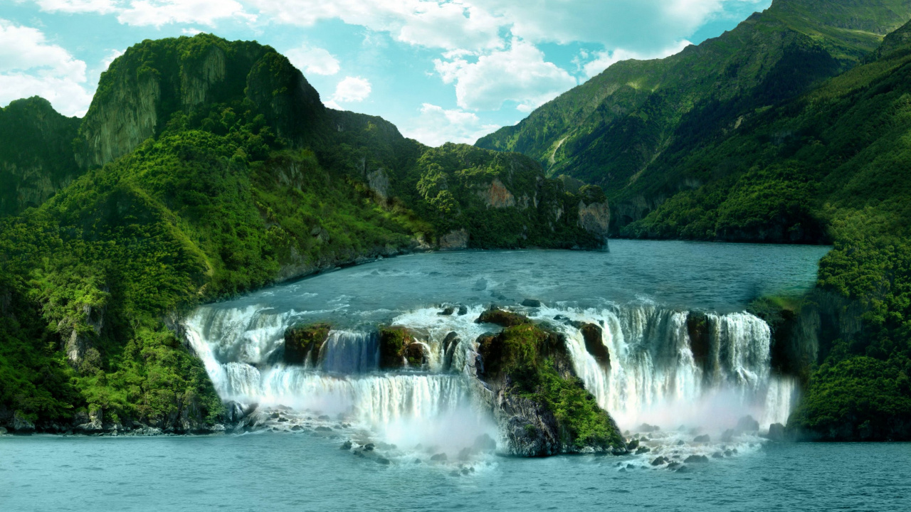 Water Falls on Green Mountain Under Blue Sky During Daytime. Wallpaper in 1280x720 Resolution