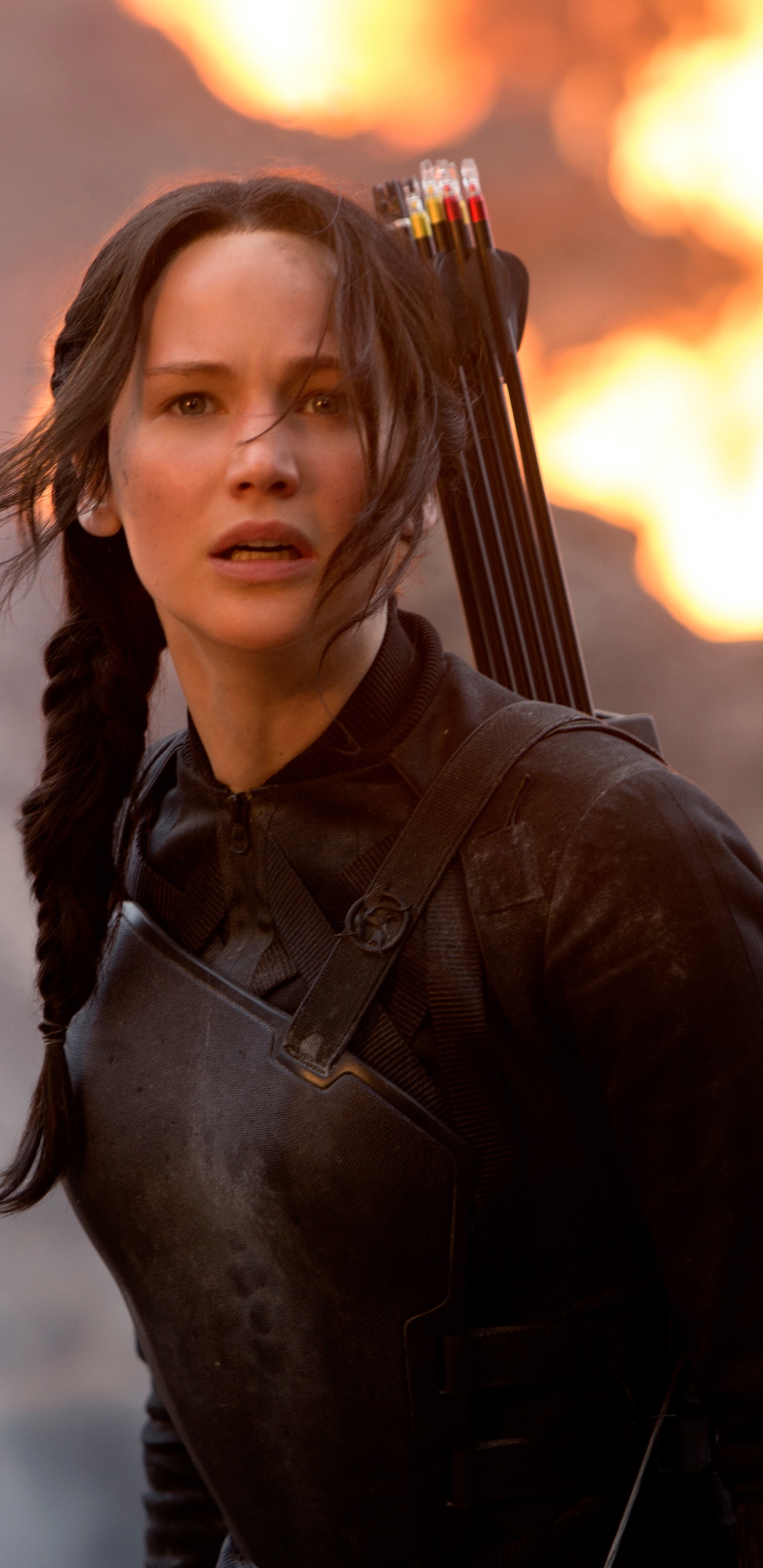 Jennifer Lawrence, Katniss Everdeen, The Hunger Games, Long Hair, Digital Compositing. Wallpaper in 1440x2960 Resolution