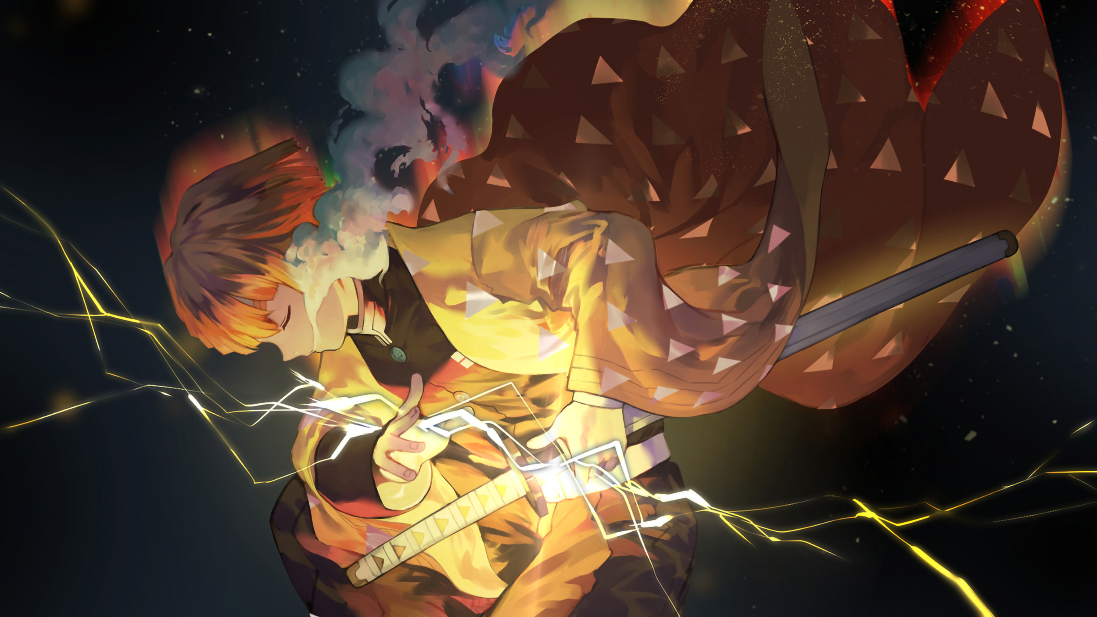 Zenitsu Agatsuma, Tanjiro Kamado, Dämonentöter Kimetsu no Yaiba, Kunst, Raum. Wallpaper in 3840x2160 Resolution