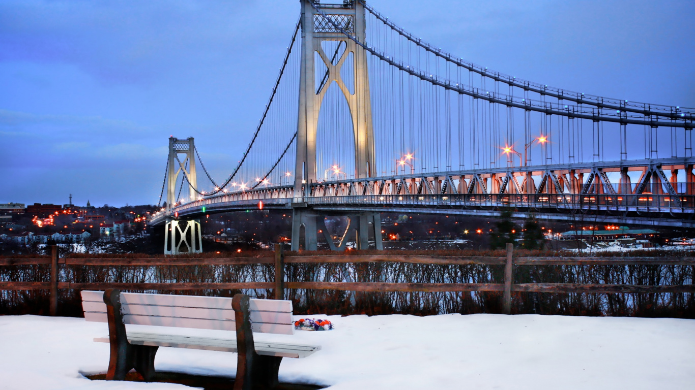 Brown Wooden Bench Near Bridge During Daytime. Wallpaper in 1366x768 Resolution