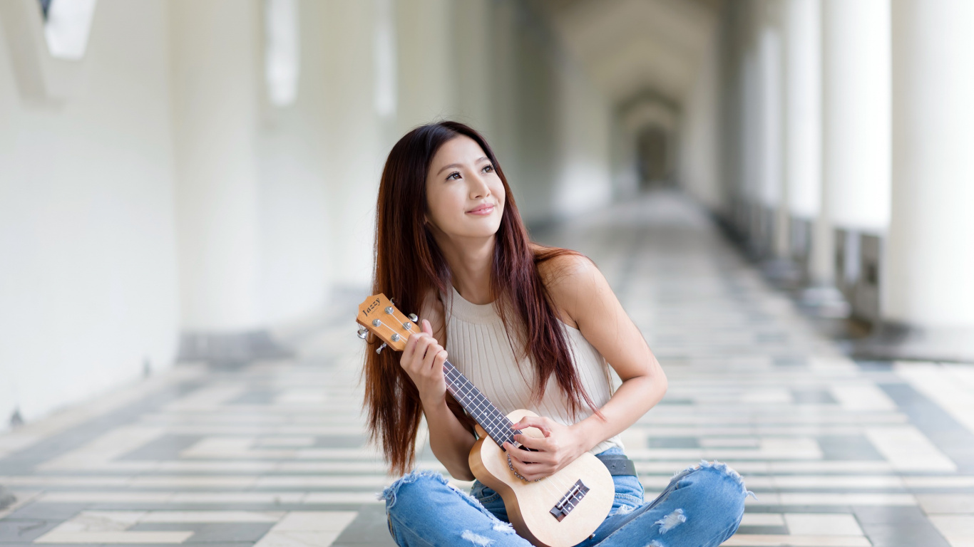 Guitar, Sitting, Beauty, Long Hair, Drums. Wallpaper in 1366x768 Resolution