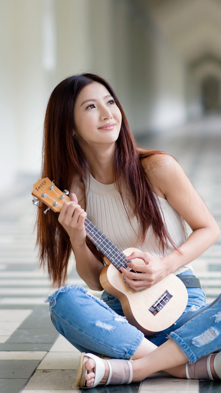 Guitar, Sitting, Beauty, Long Hair, Drums. Wallpaper in 750x1334 Resolution